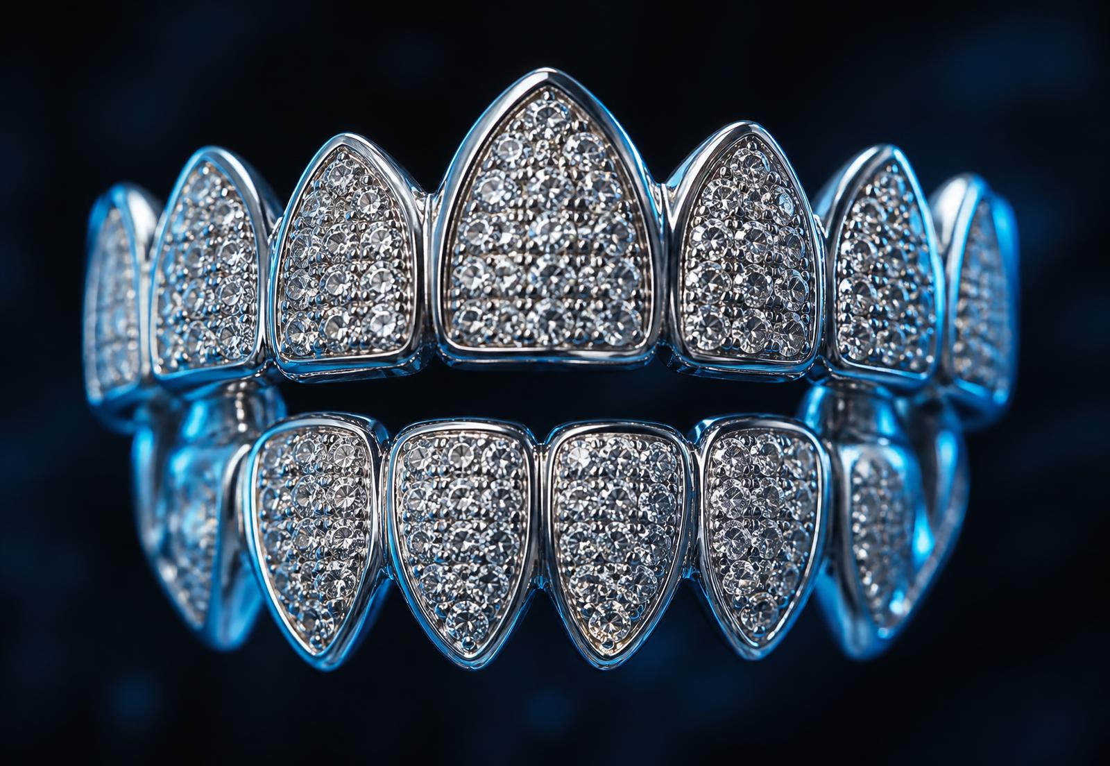 Custom iced grillz set photographed under studio light on our Sydney bench