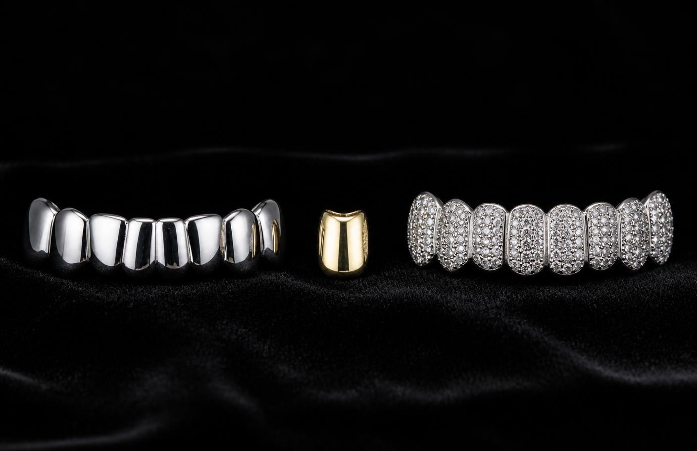 Line-up of custom grillz styles: plain silver, gold caps, open-face and diamond-set